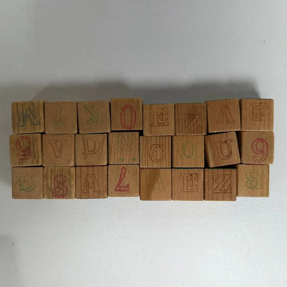 Vintage Alphabet Blocks Wooden Embossed Letter Number Set 24 Piece Lot Toy